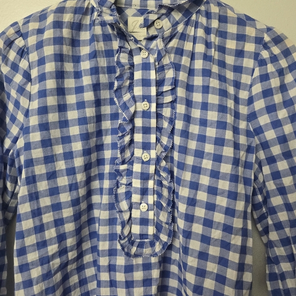 J. Crew Classic Fit Ruffle Popover Shirt Crinkle Gingham Blue Sz 2 Victorian - Picture 2 of 10